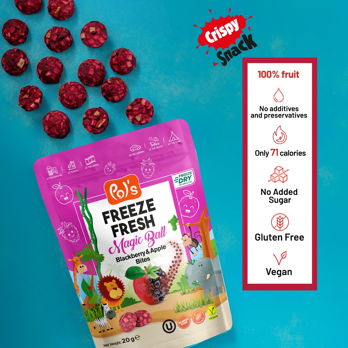 Freeze-dried blackberry & apple snack – a delicious, healthy snack for kids & adults. 100% natural with no preservatives!
