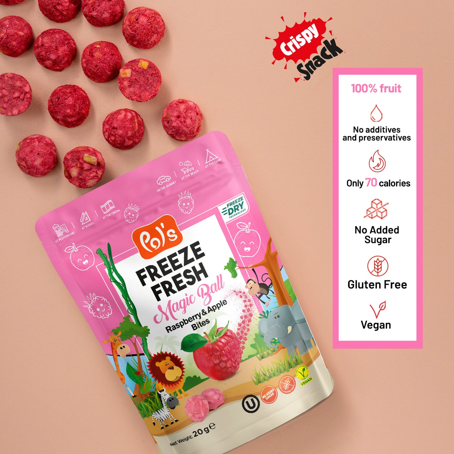 Freeze-dried raspberry & apple bites – vegan, gluten-free, and made with real fruit. No added sugar, just pure crunch!