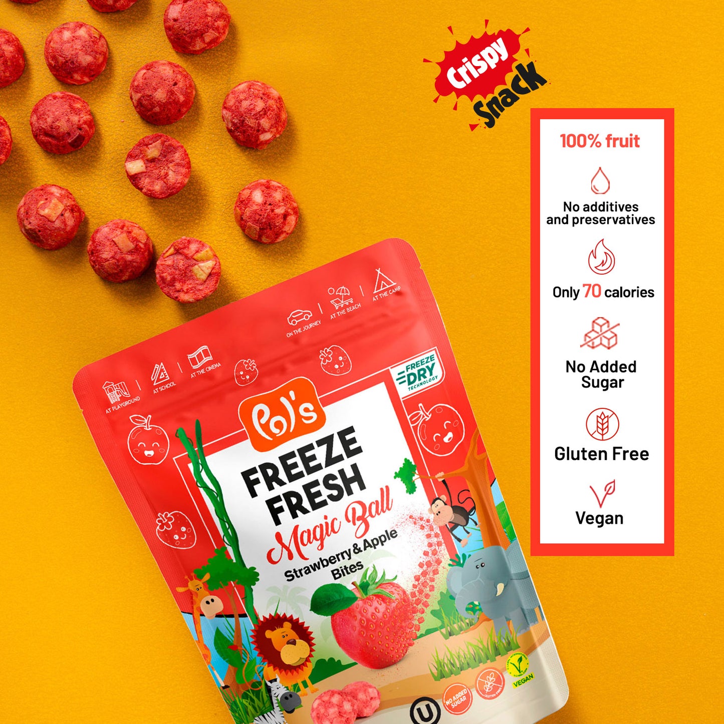 Freeze-dried strawberry & apple snack – 100% natural, vegan, gluten-free, and no added sugar. Perfect for kids & adults.