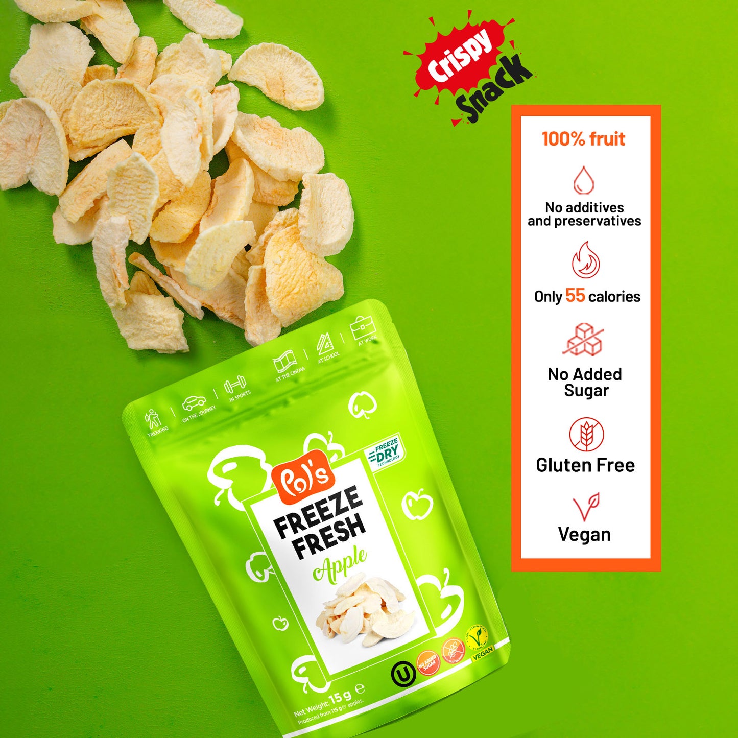 Crispy freeze-dried apple slices – 100% natural, no added sugar, and packed with real fruit flavor!